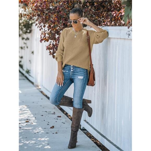 ✨ Women’s Waffle Knit Pullover Sweater | Lantern Sleeve Crewneck Loose Fit ✨ - Picture 5 of 6